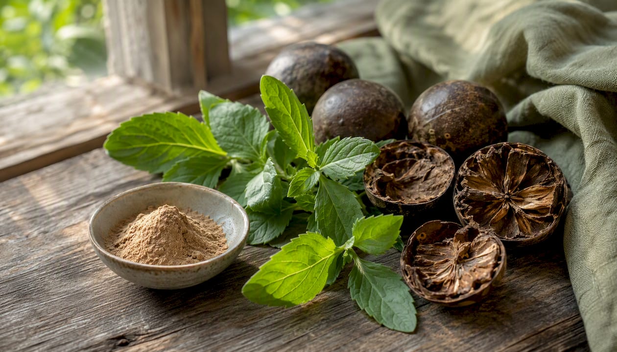 Stevia leaves and monk fruit pods in bowls