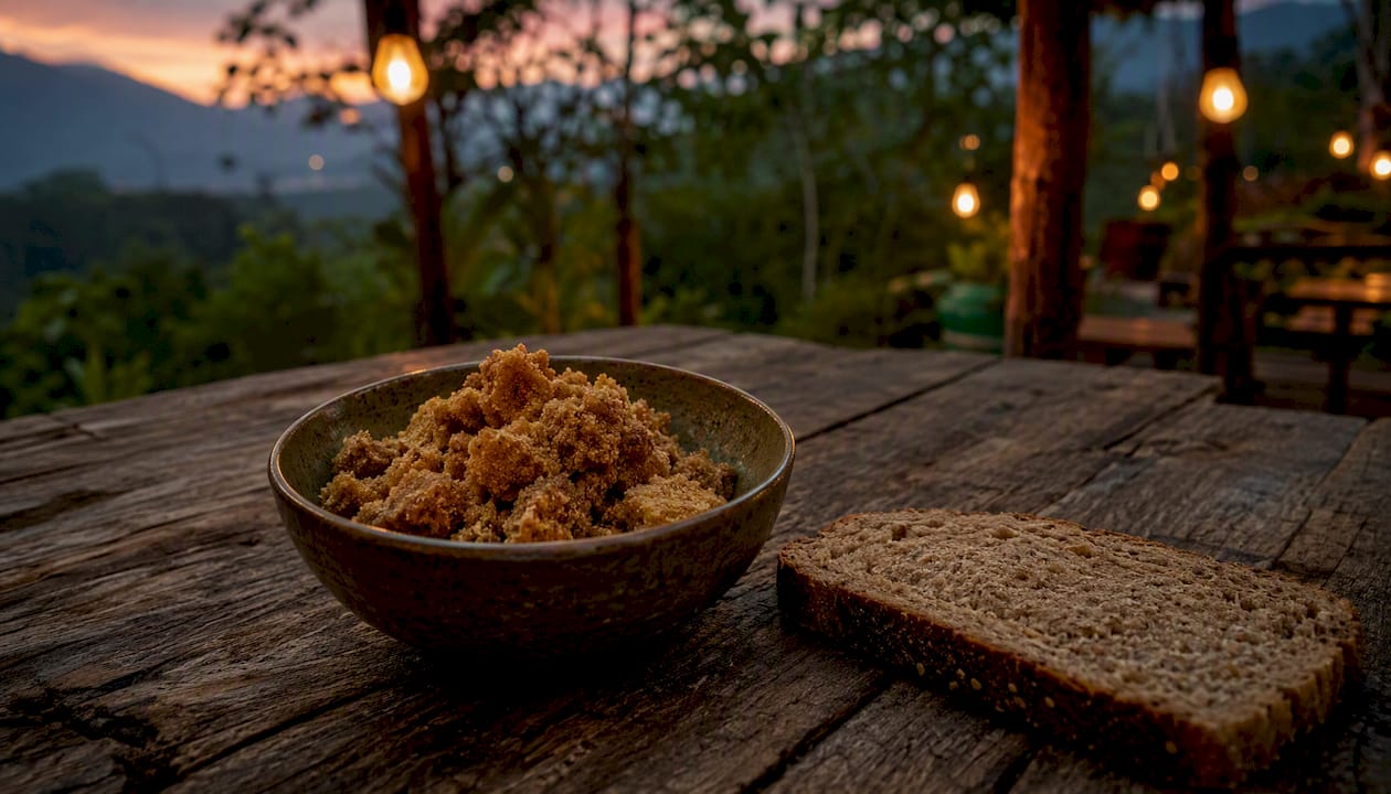Bread slice in container with clumped panela