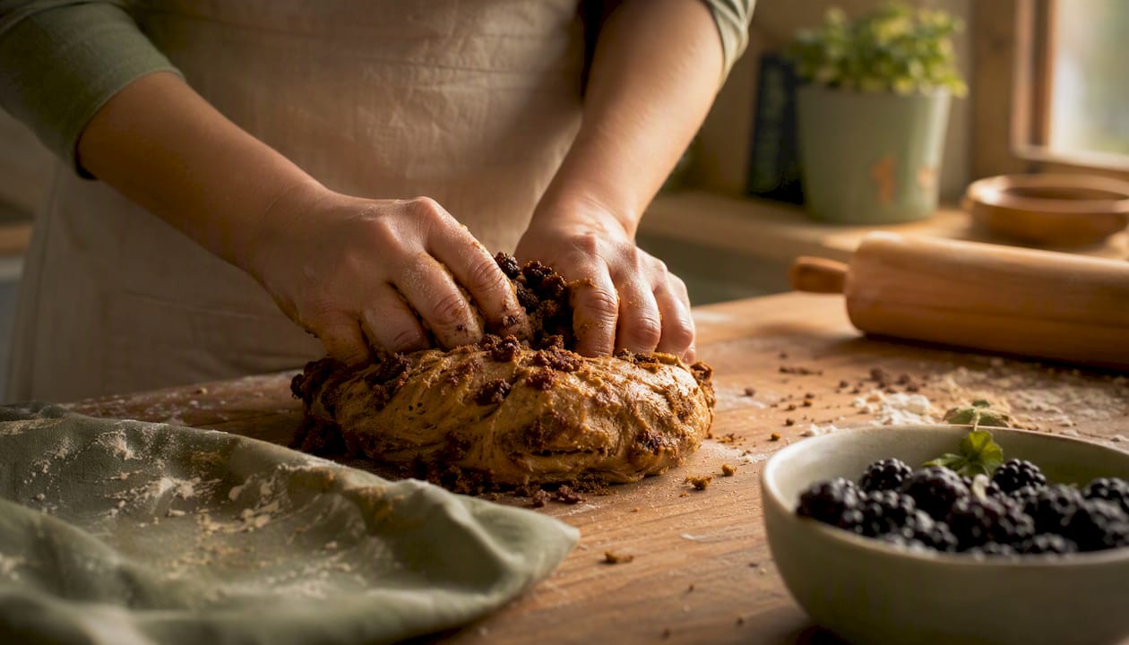 Hands grating panela sugar over baking bowl