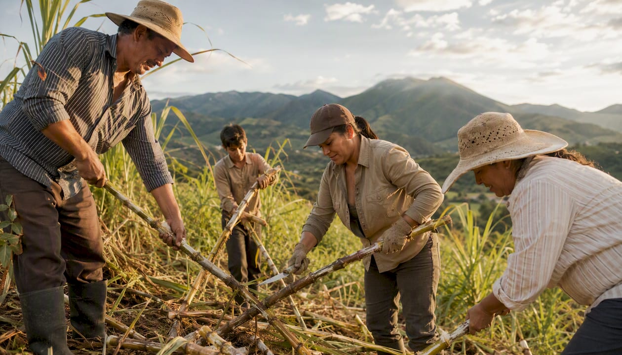 Smallholder panela farming family harvesting cane