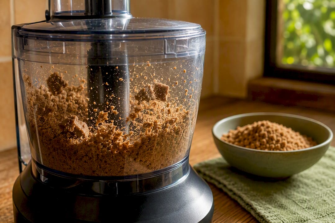 Food processor chopping panela chunks to granules