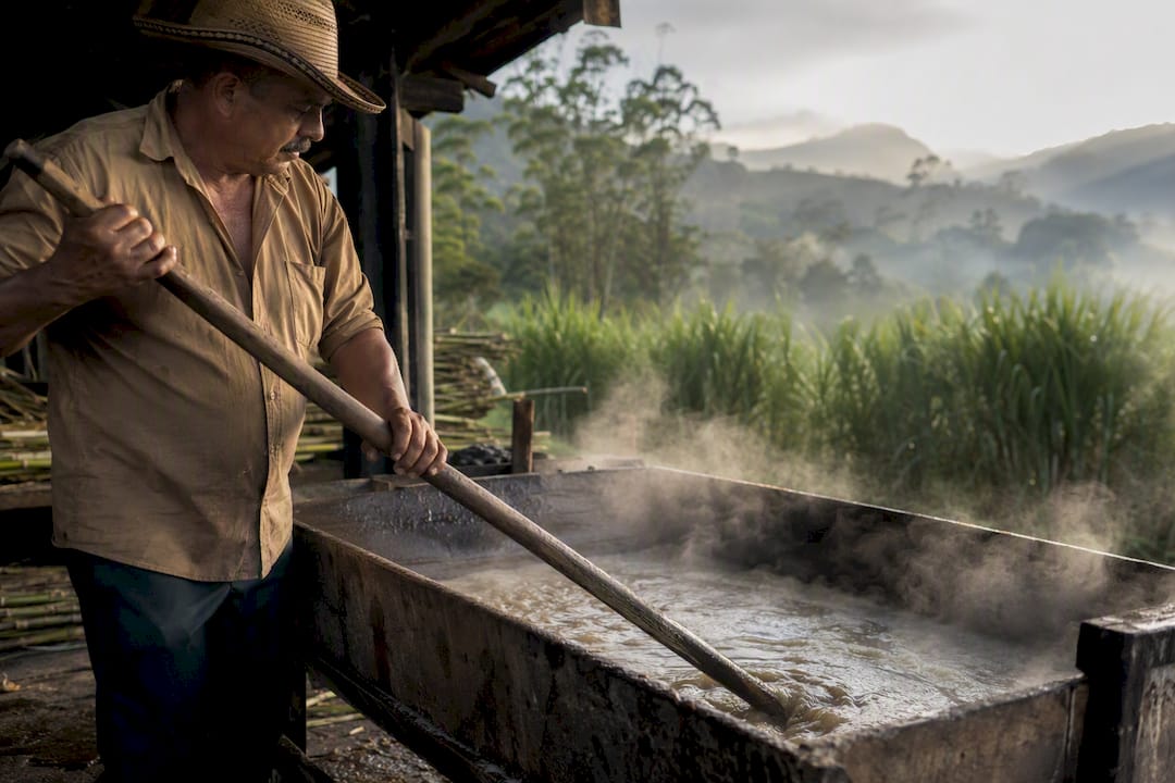 Traditional panela juice stirred in wooden trough