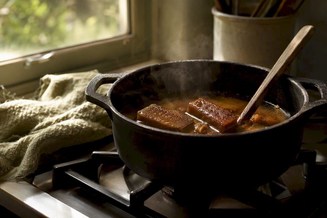Panela pieces dissolving in simmering pot