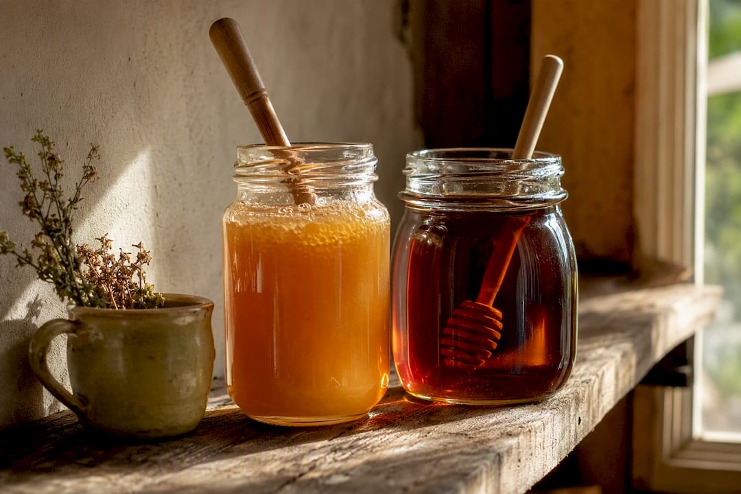 Jars of raw honey and pure maple syrup with wooden dippers