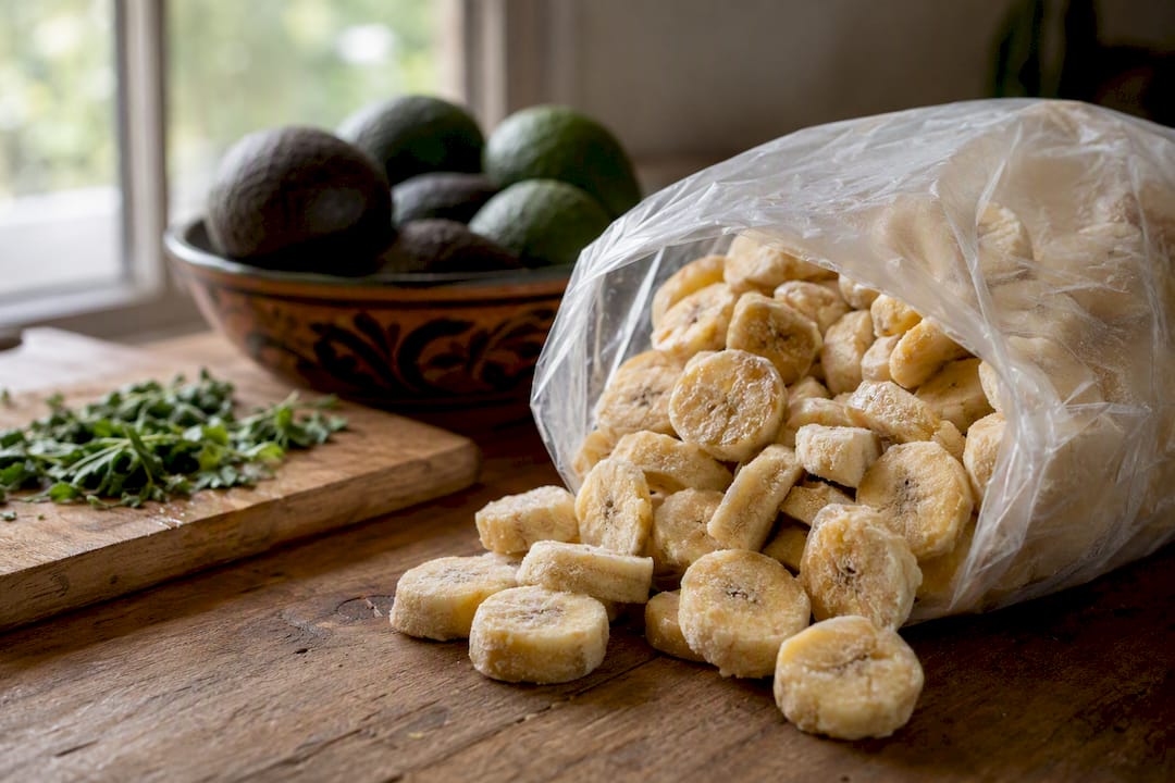 Frozen peeled plantain slices bag