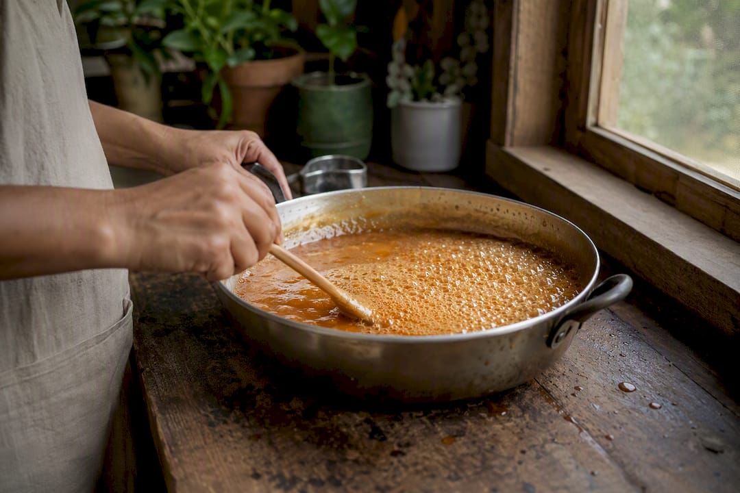 Stirring foaming panela syrup in saucepan