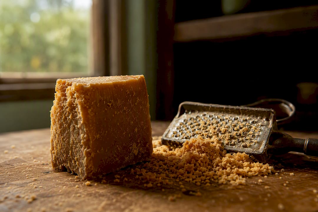 Grated panela sugar block on counter