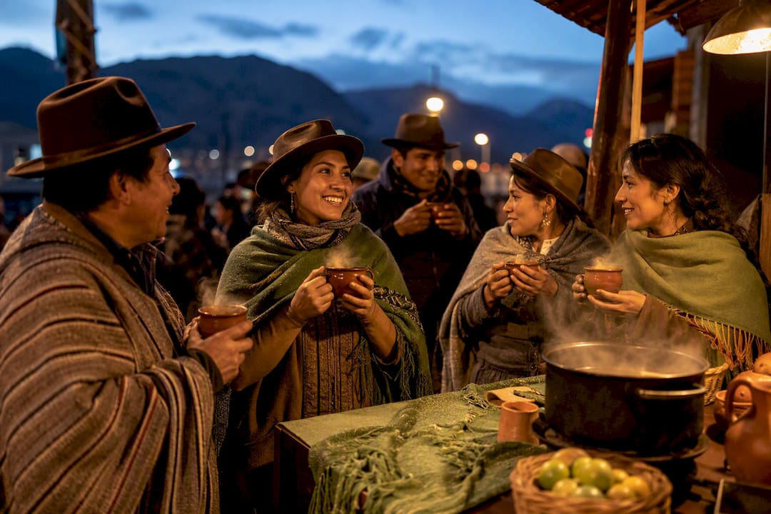 People warming hands around hot canelazo mugs