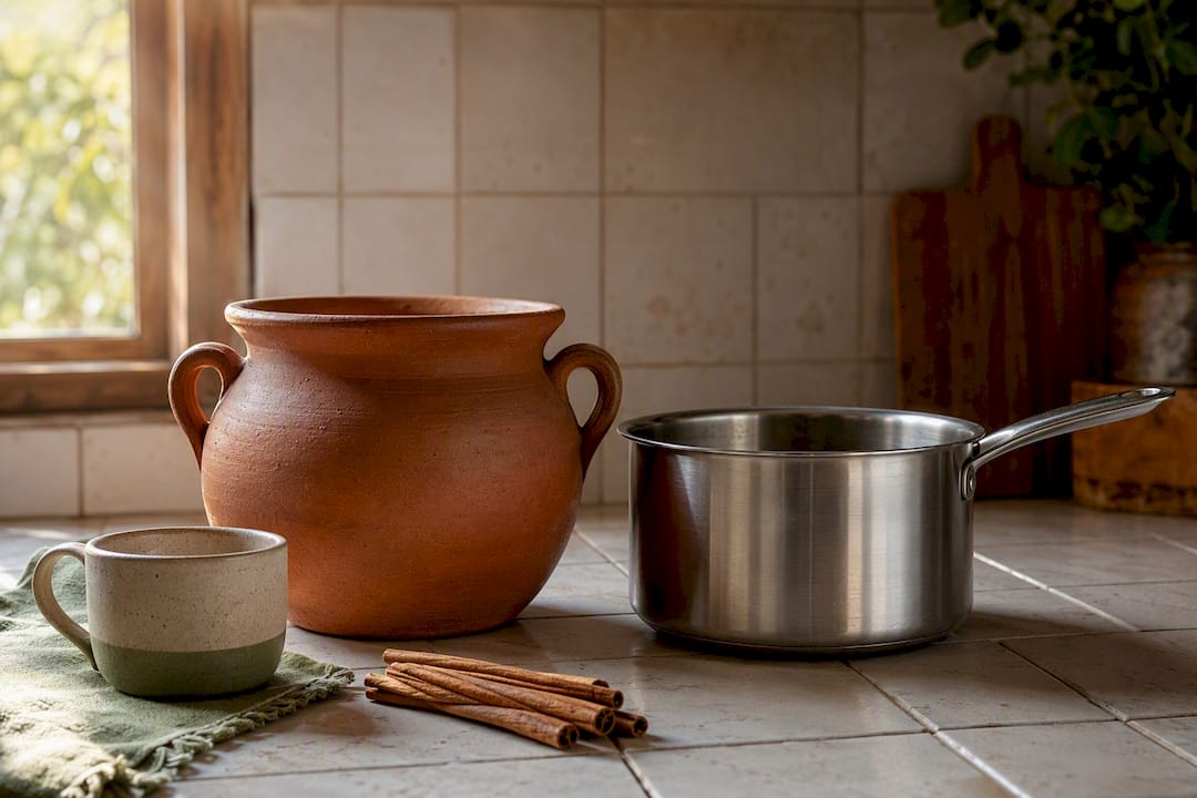 Clay olla and steel saucepan comparison