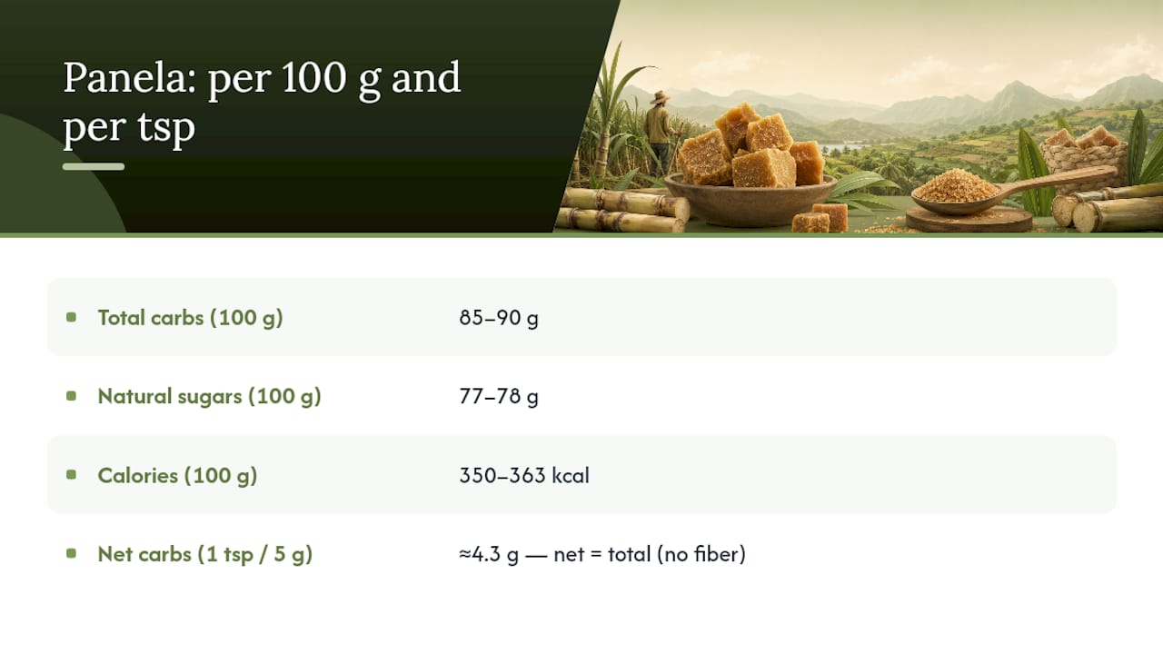 Panela carbohydrate and calorie serving comparison