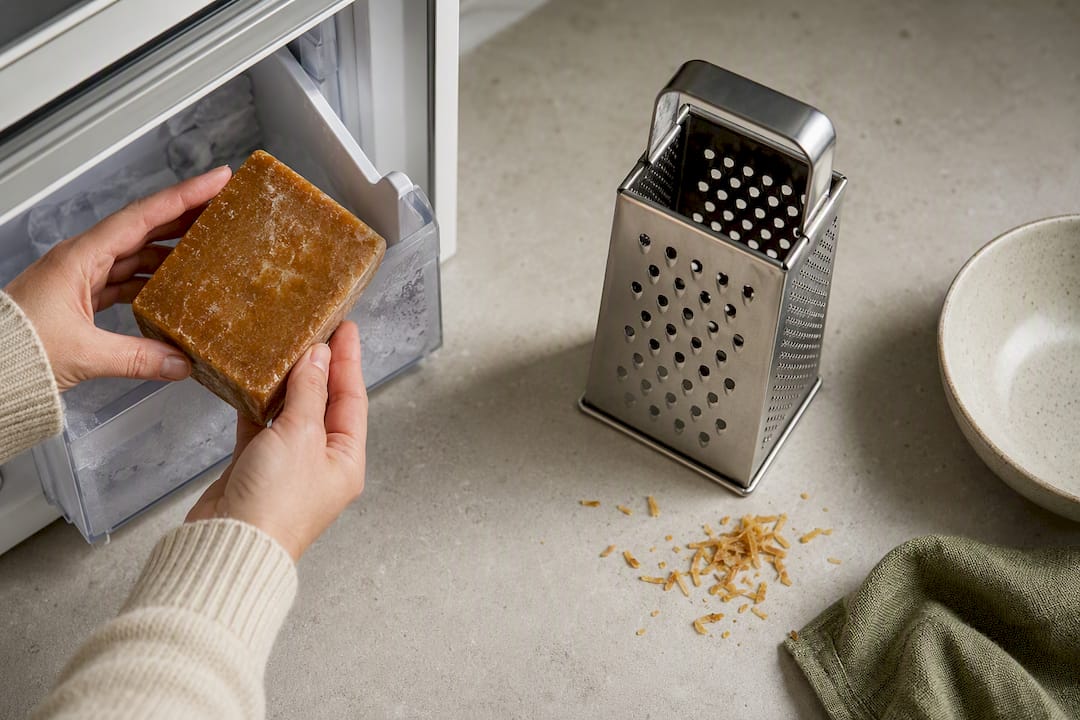 Chilled panela beside a clean box grater