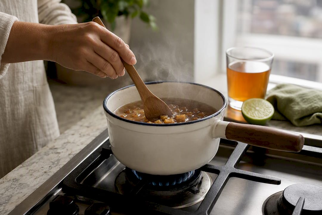 Panela dissolving into hot water