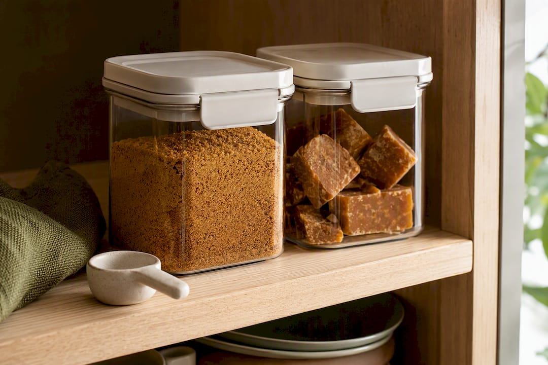 Panela stored in airtight kitchen containers
