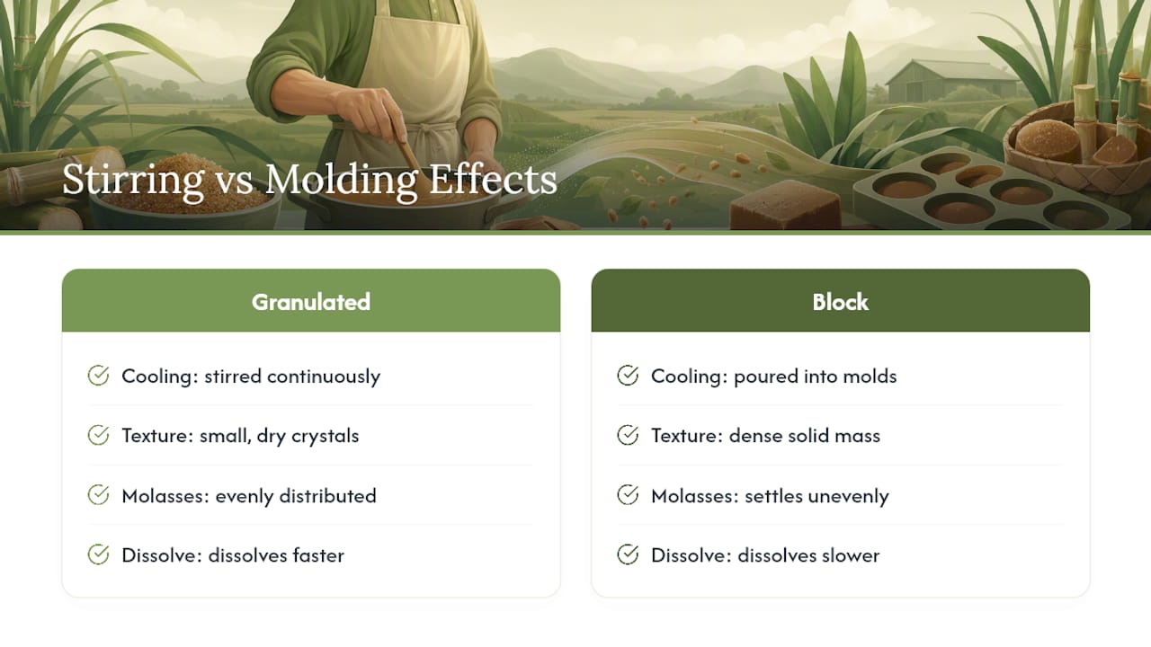 Why Stirring vs. Molding Changes the Final Product — overview diagram