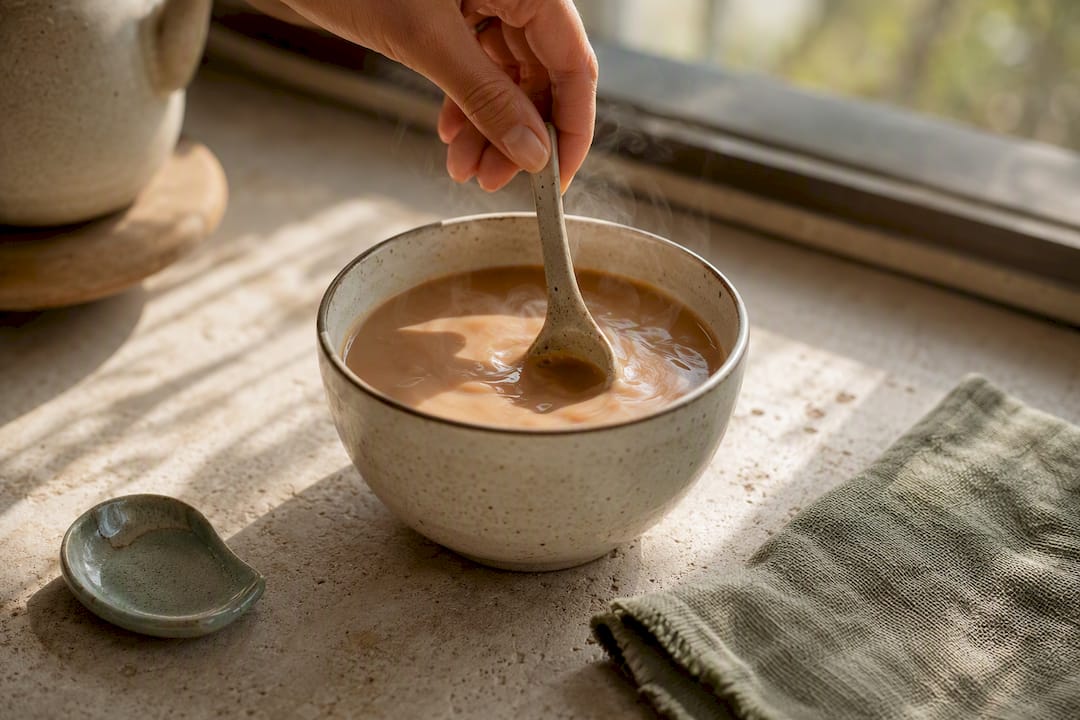 Panela dissolving in hot milk tea