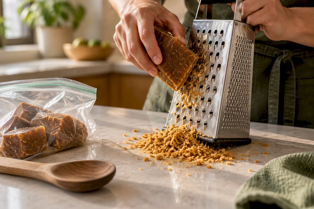 Hands grating a softened panela block