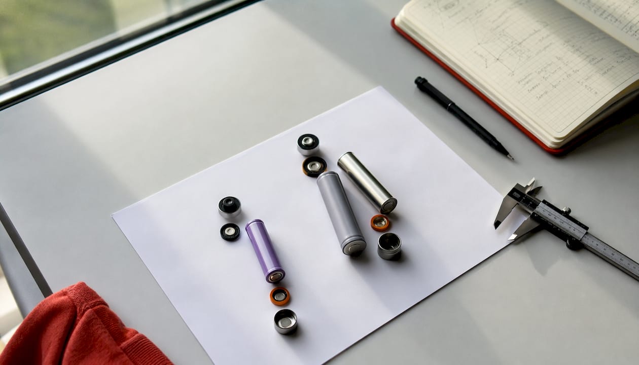 Op het bureau liggen gedemonteerde lithium-ionbatterijen naast diverse meetapparaten.