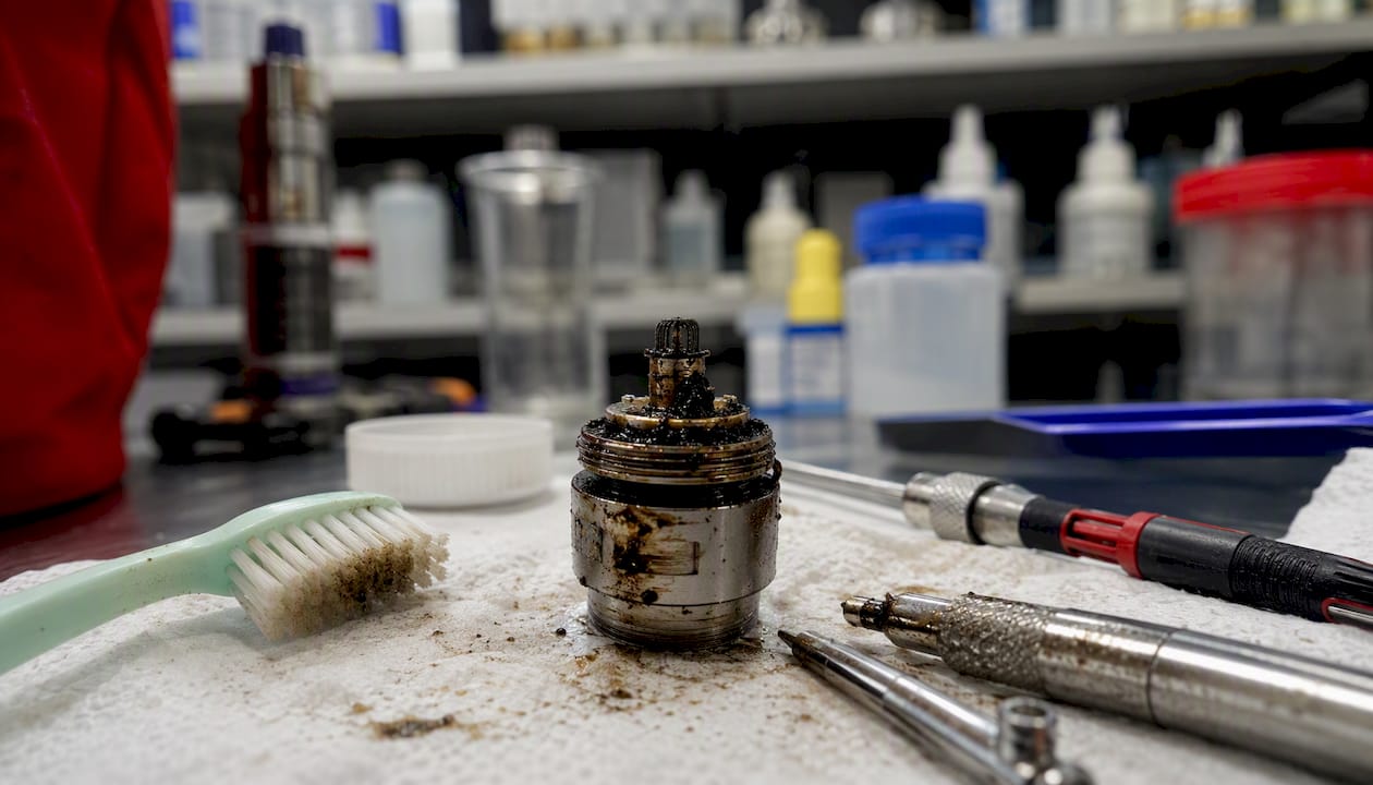 Detailní záběr znečištěné hlavice výparníku u elektronické cigarety