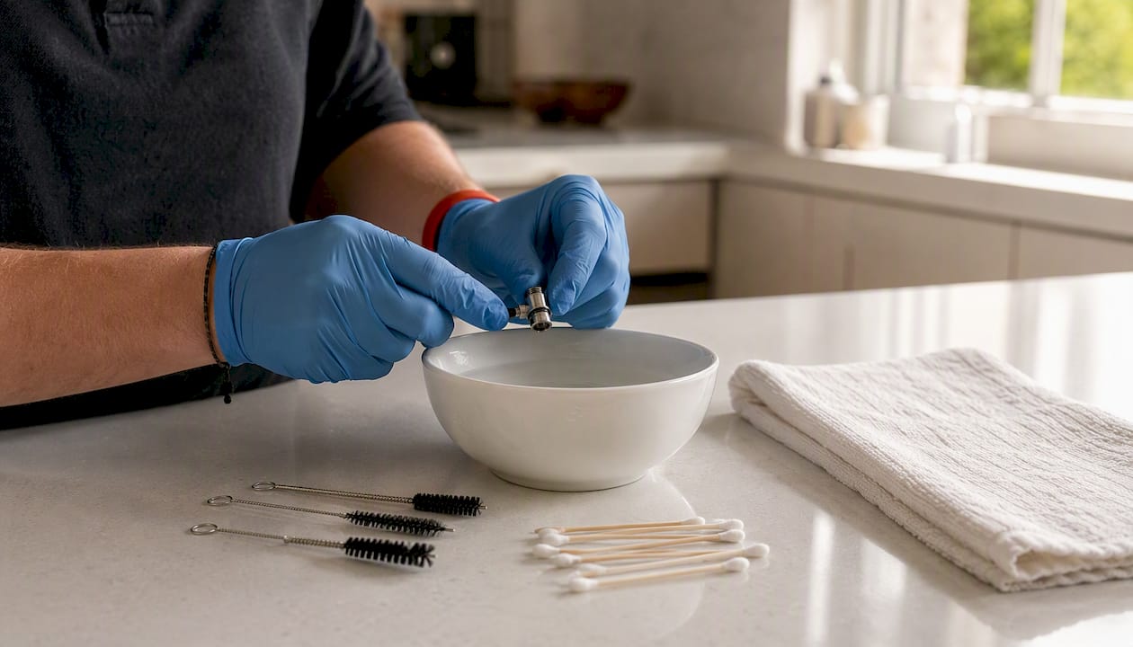 En portant des gants, on nettoie soigneusement la tête de vaporisation d'une cigarette électronique dans un bol.