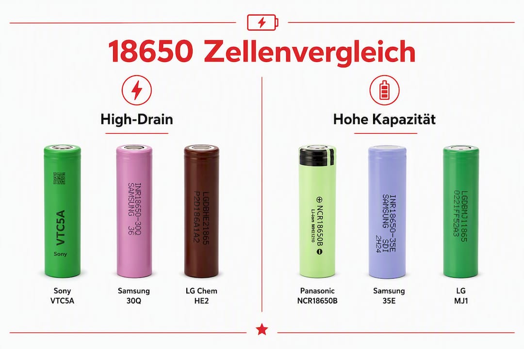 Infografik: Jämförelse mellan 18650-batterier med hög strömavgivning och sådana med särskilt stor kapacitet