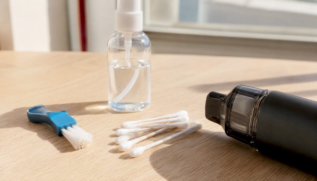 Diversos utensilios de limpieza y piezas de recambio para cigarrillos electrónicos, ordenados cuidadosamente sobre una mesa blanca.