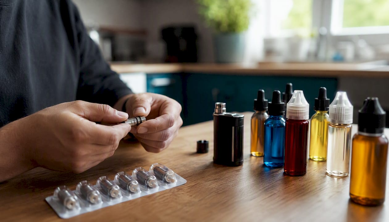 Ruky čistia špirálku z elektronickej cigarety, vedľa sú položené fľaštičky s liquidom.