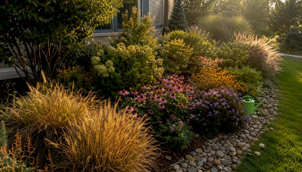 Layered garden bed with mixed plants