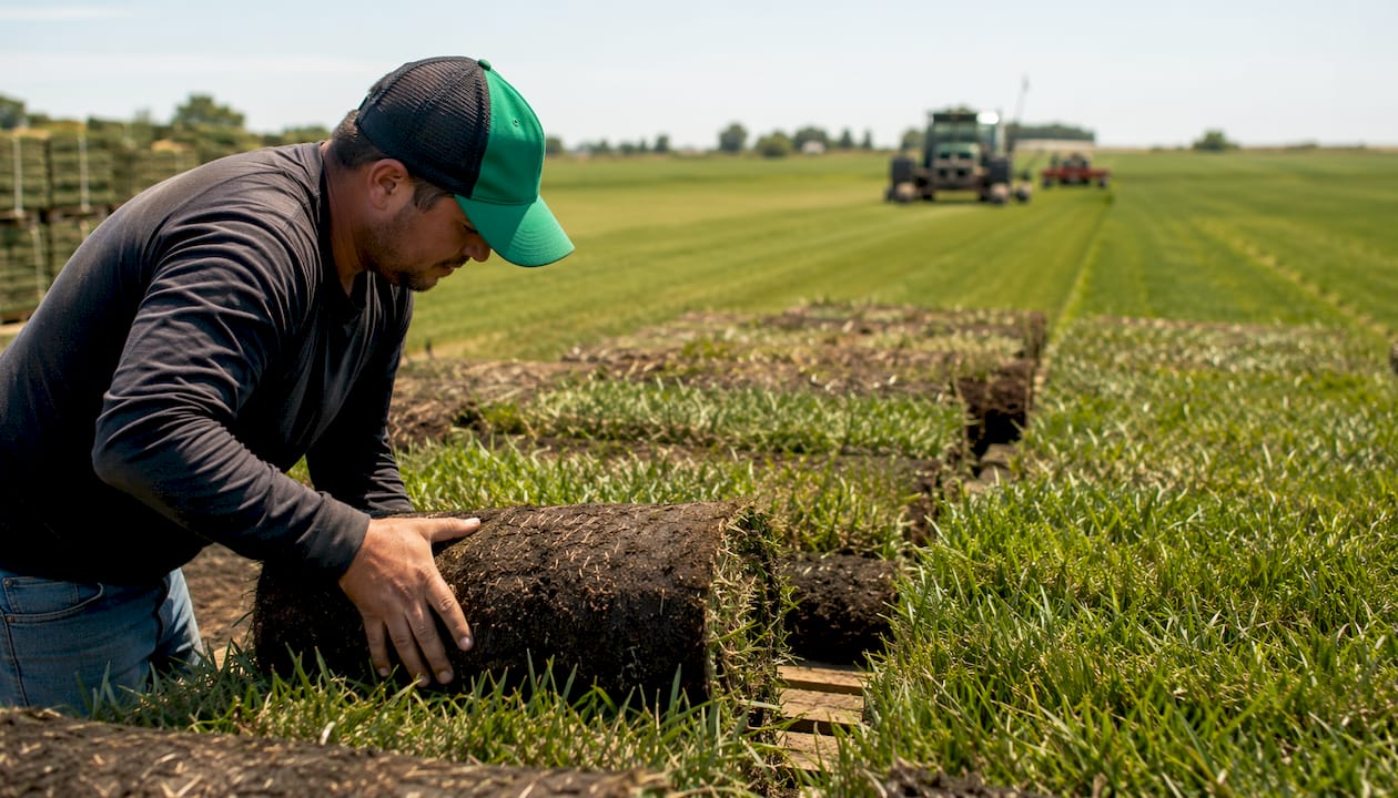 Kansas City sod farm with rows of cut grass