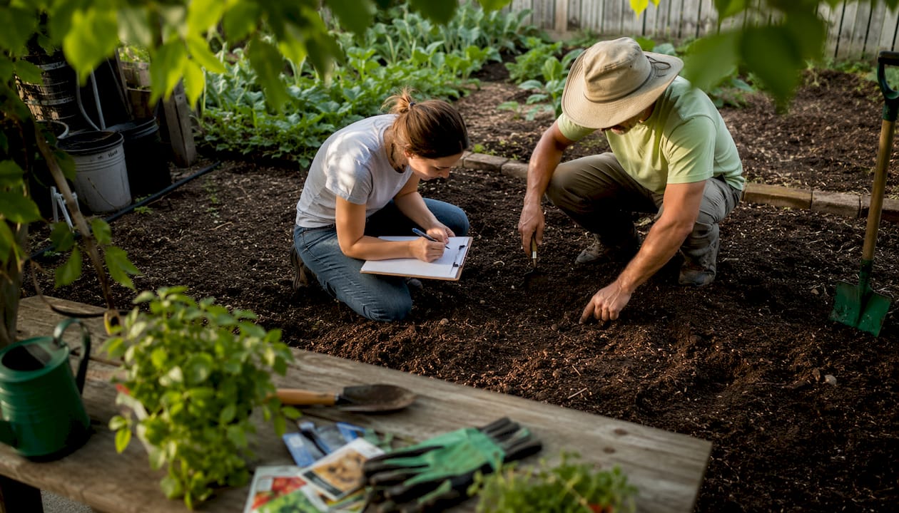 Homeowner consulting landscaping contractor outdoors