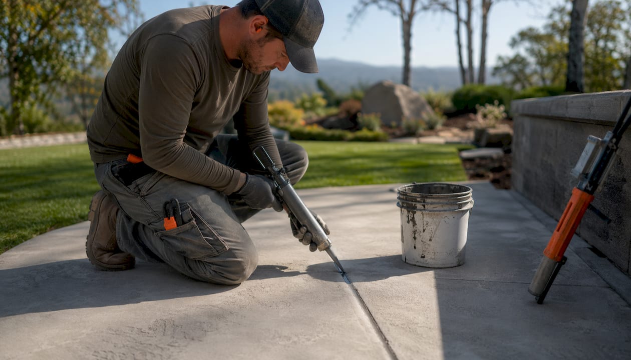 Hands applying sealant to concrete control joint