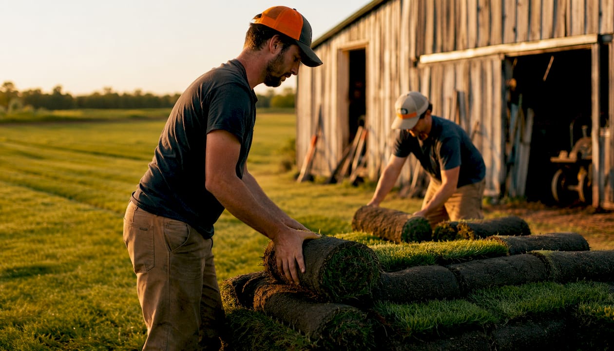 Sod farm with workers harvesting turf rolls
