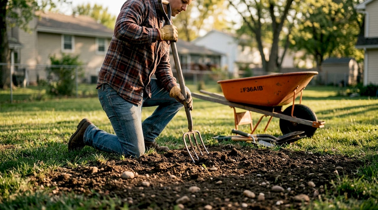 Hands preparing soil for sod installation