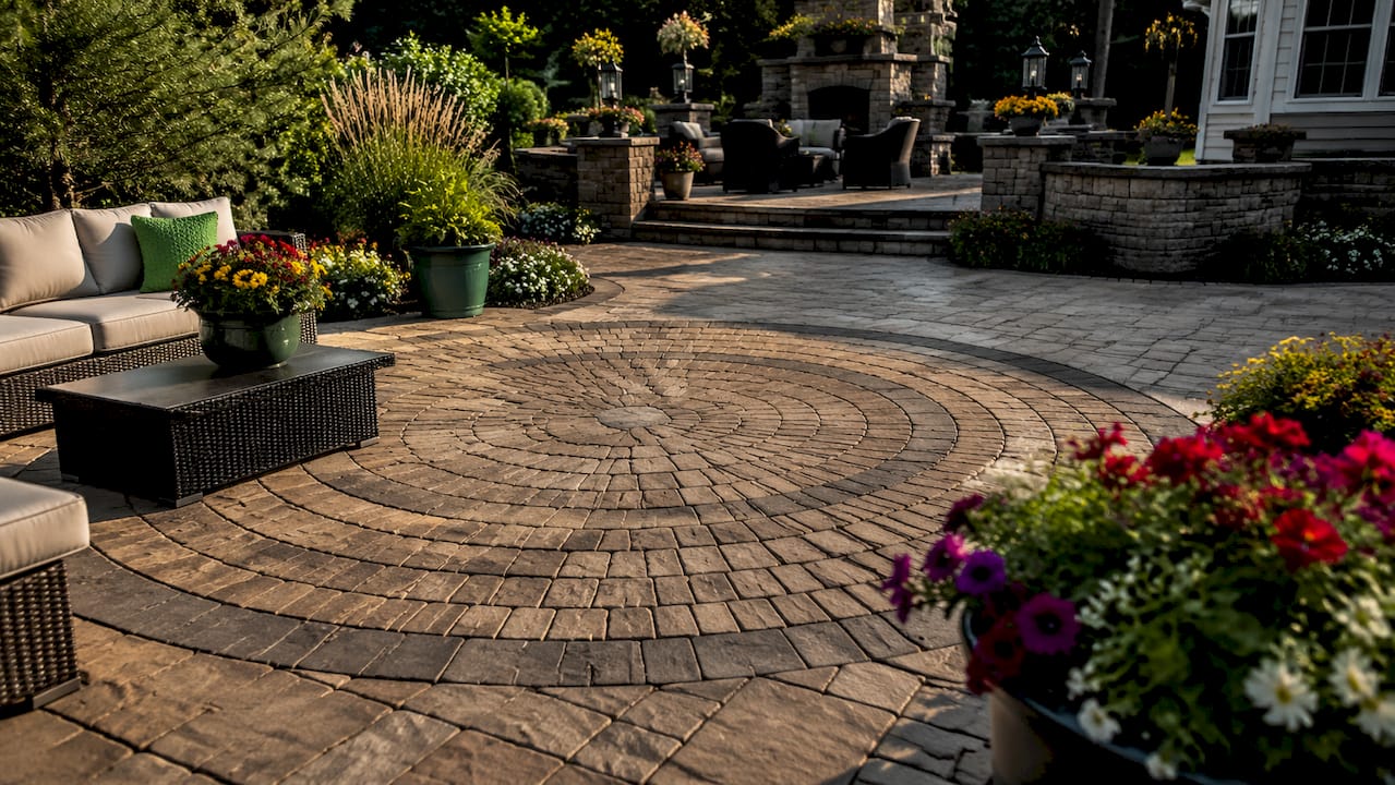 Aerial view of simple and complex paver patio designs