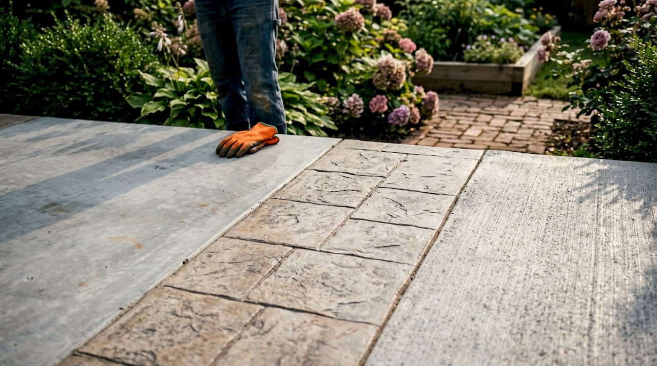 Different concrete patio finishes side by side