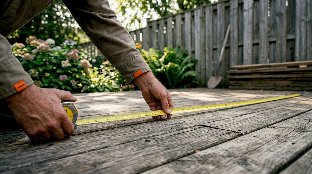 Hands measuring patio size with tape measure