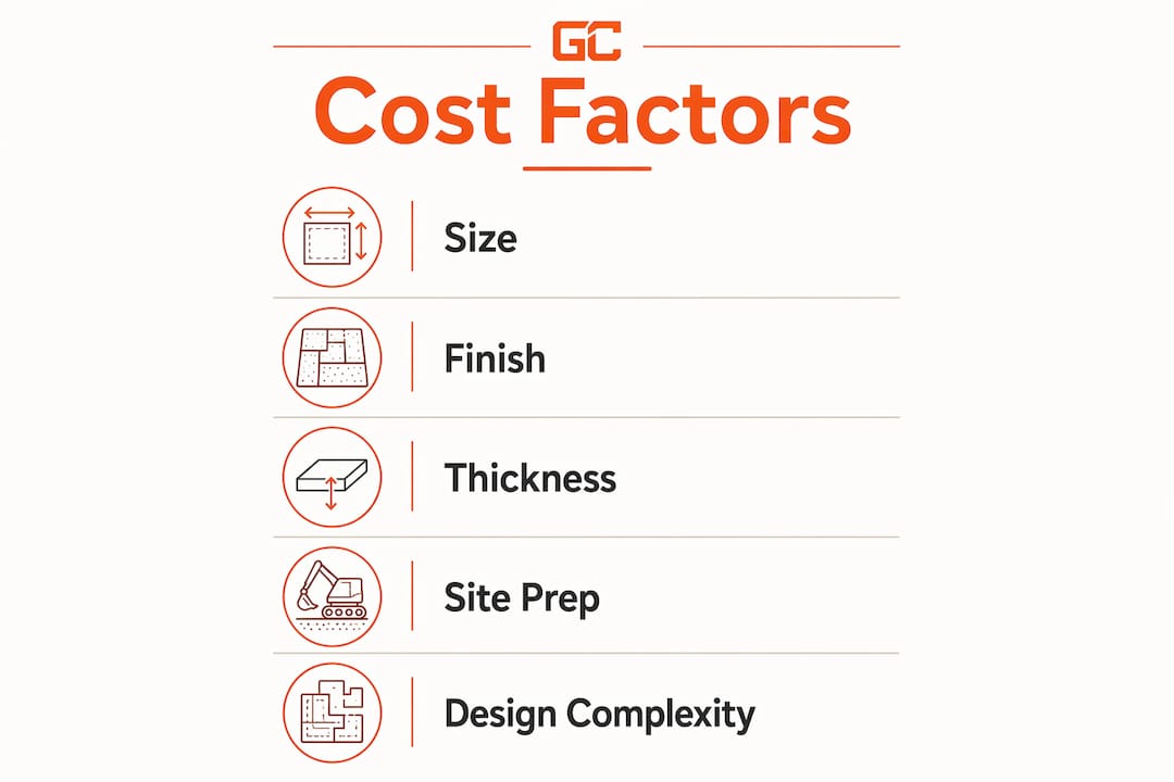 Infographic highlighting main concrete patio cost factors