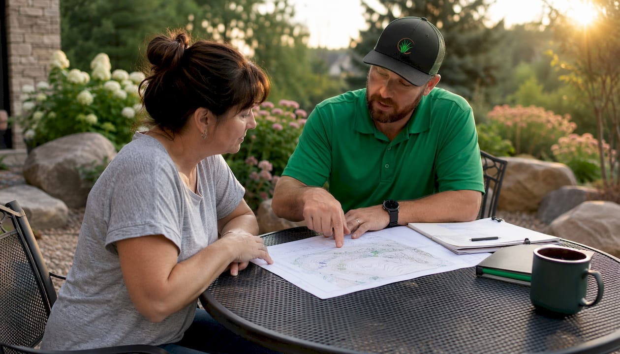 Homeowner and contractor reviewing yard grading plan outdoors