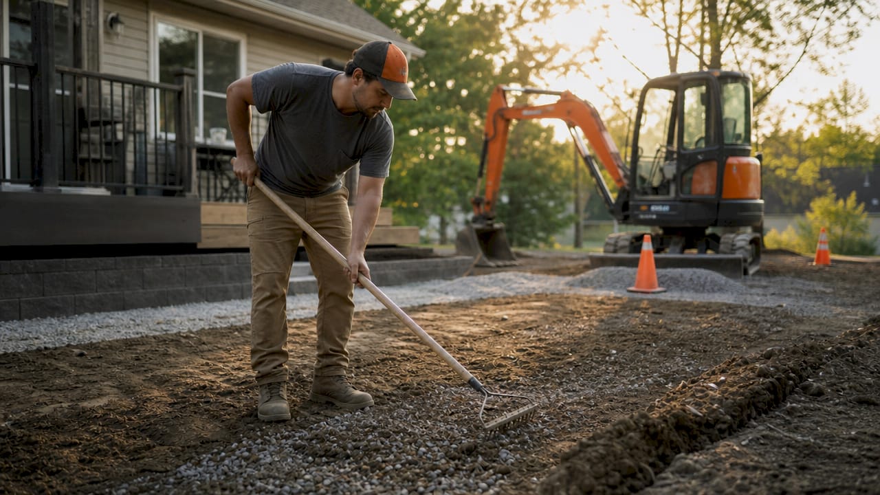 Worker preparing base soil for paver patio