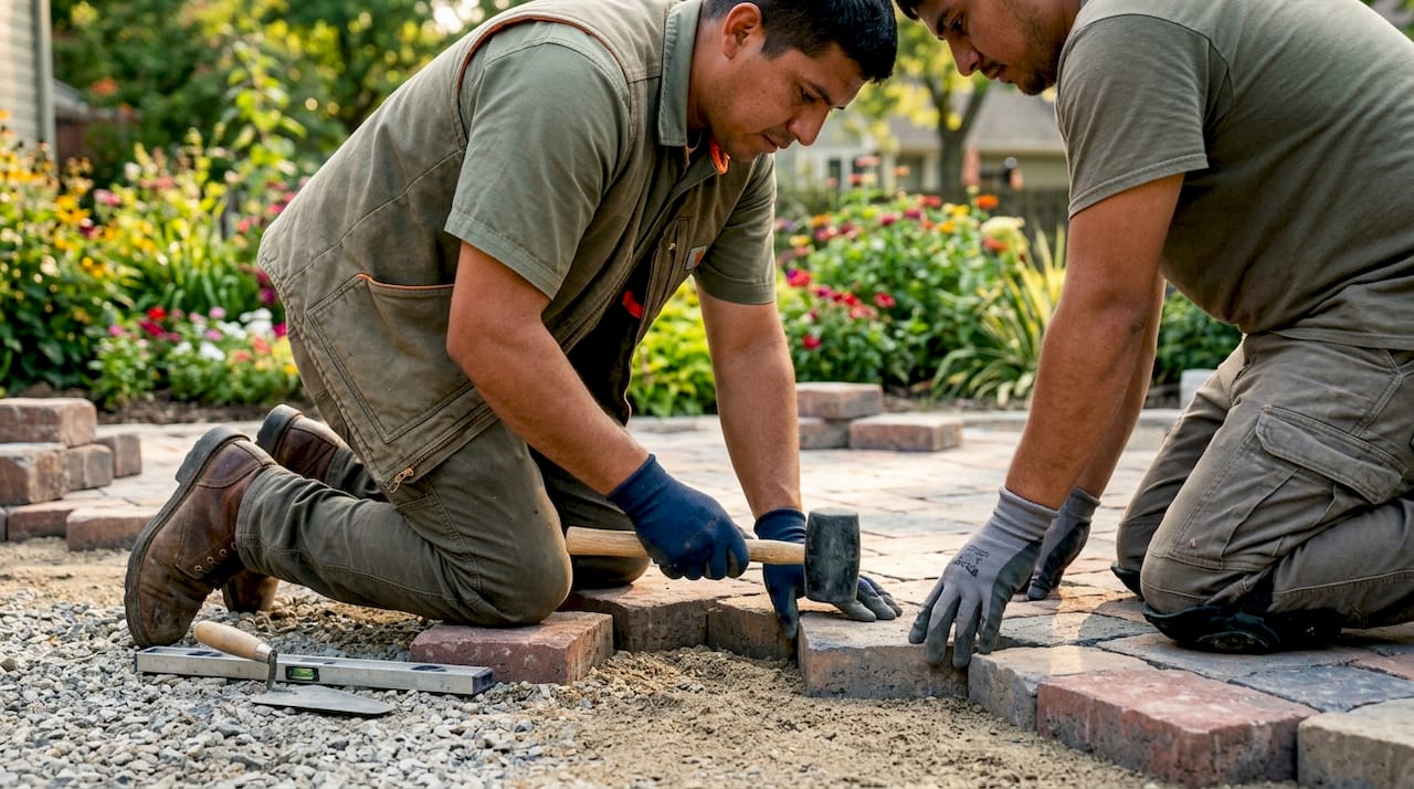 Installers laying paver stones on patio