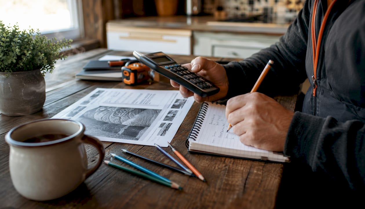 Hands calculating concrete and labor costs at desk