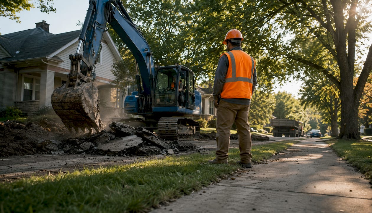 Excavator demolishing old driveway in city neighborhood