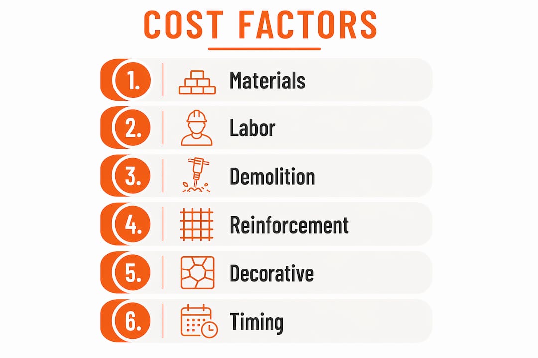 Vertical flow infographic showing key concrete driveway cost factors in Kansas City