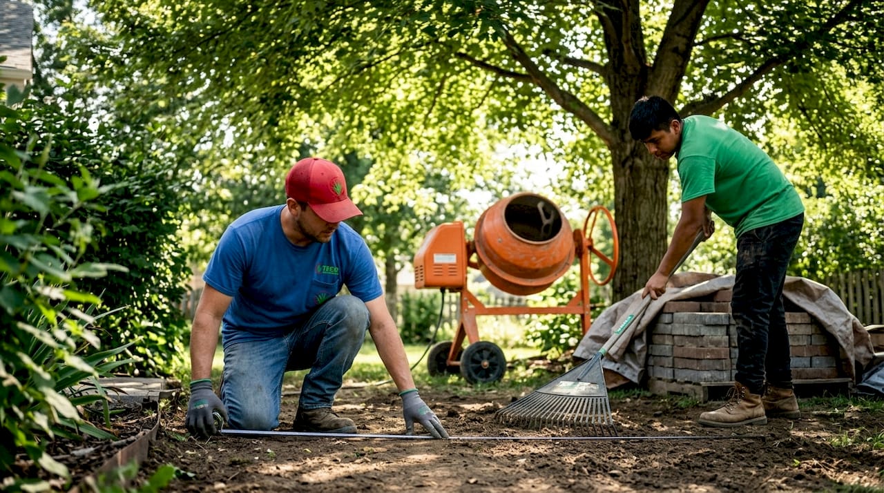 Workers preparing site for concrete patio installation
