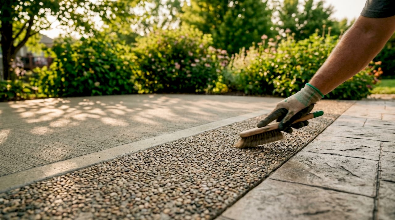Close-up of three concrete patio finish types side by side