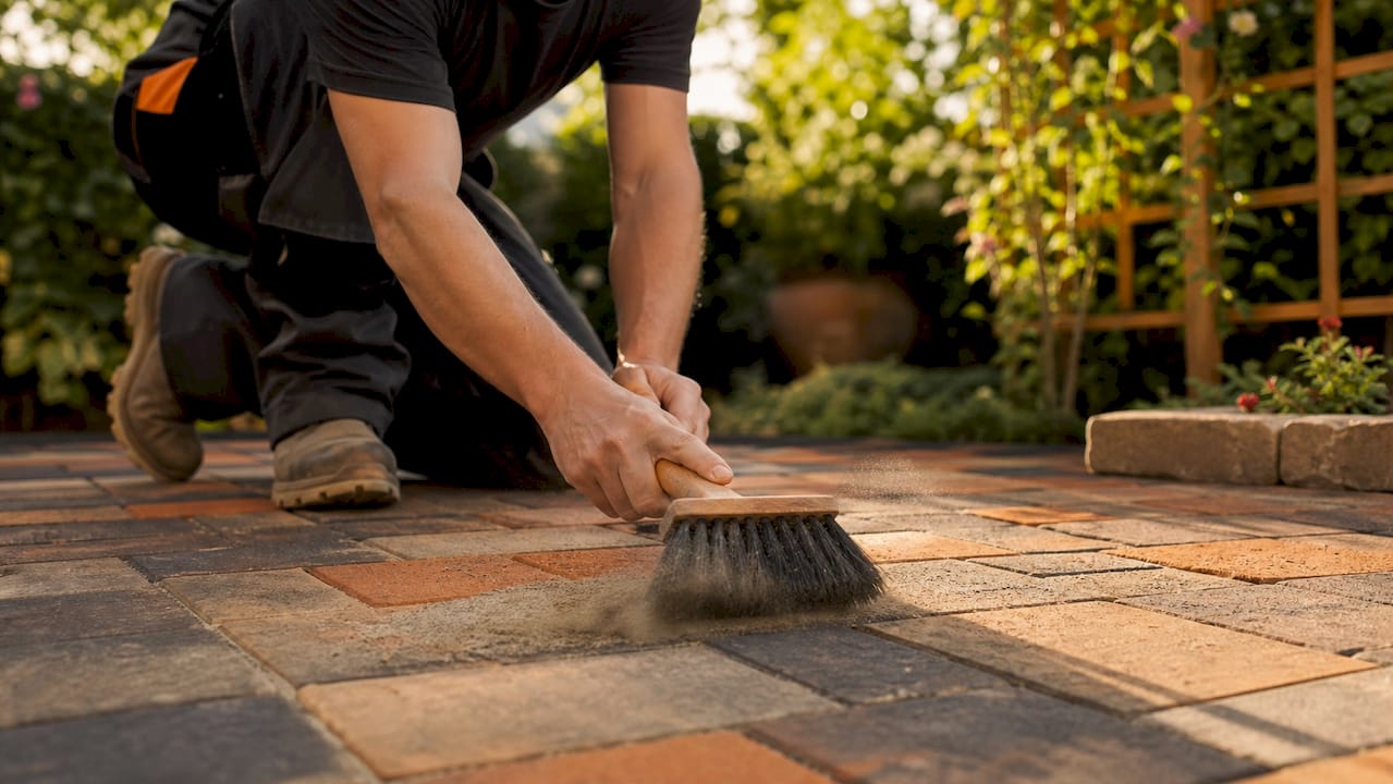 Homeowner sweeping polymeric sand into paver joints