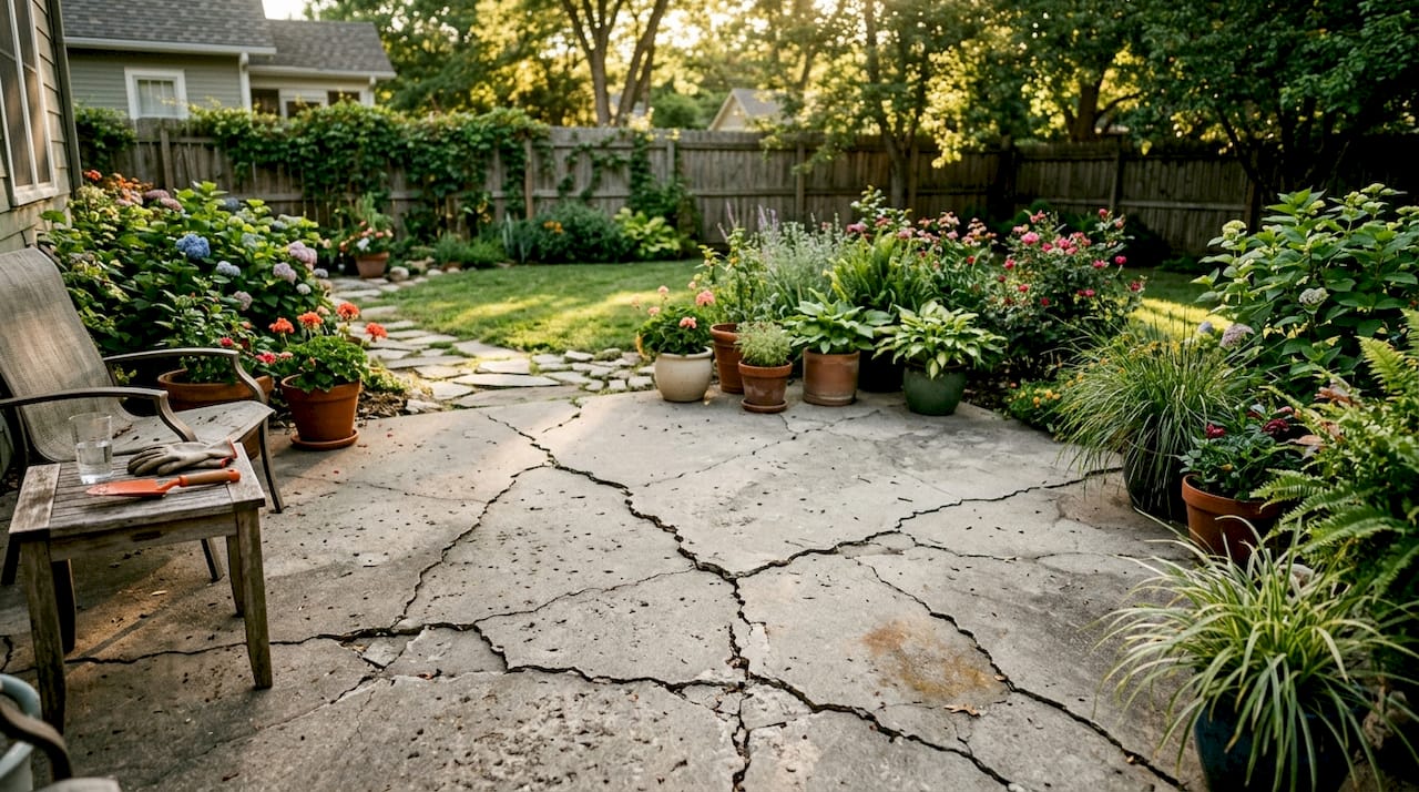 Cracked concrete patio surface close-up