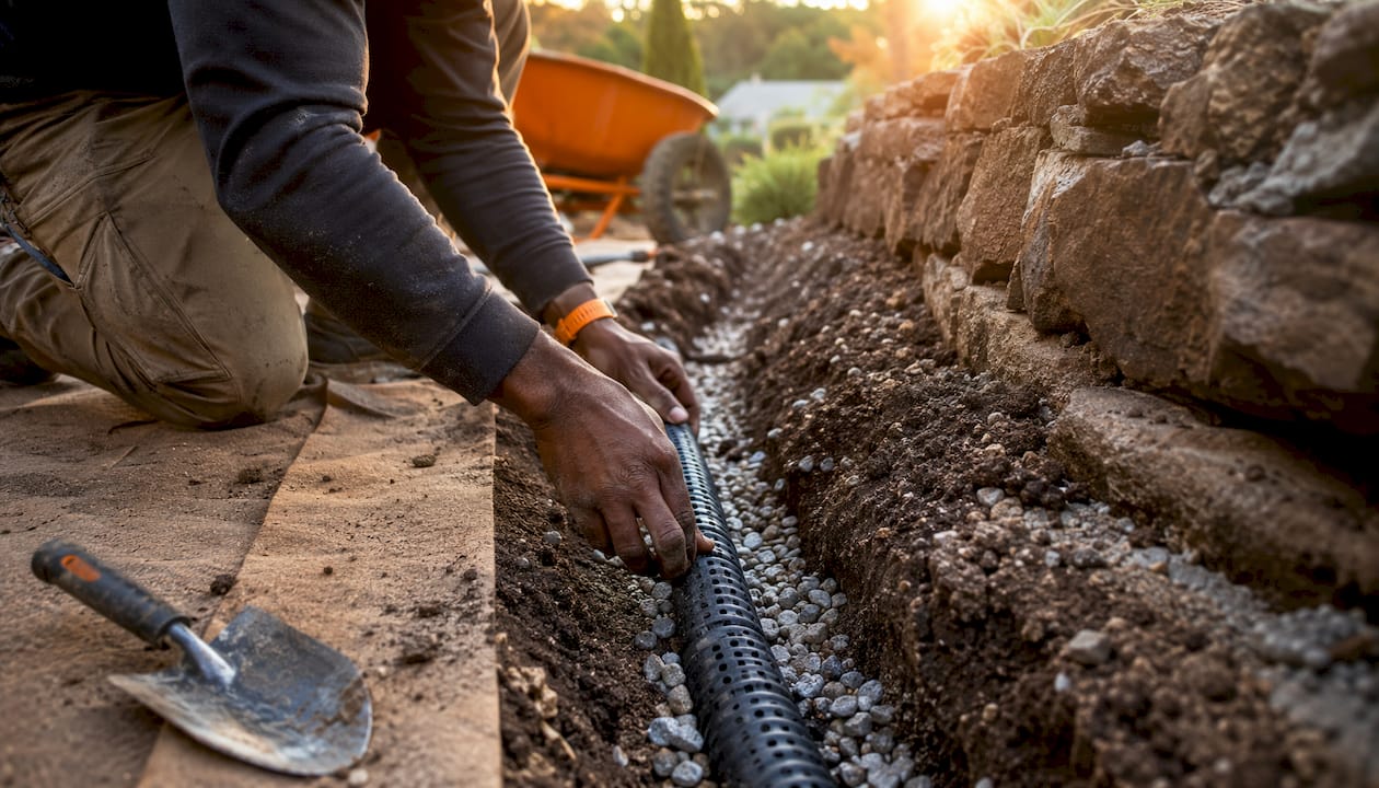Hands installing drainage pipe behind retaining wall