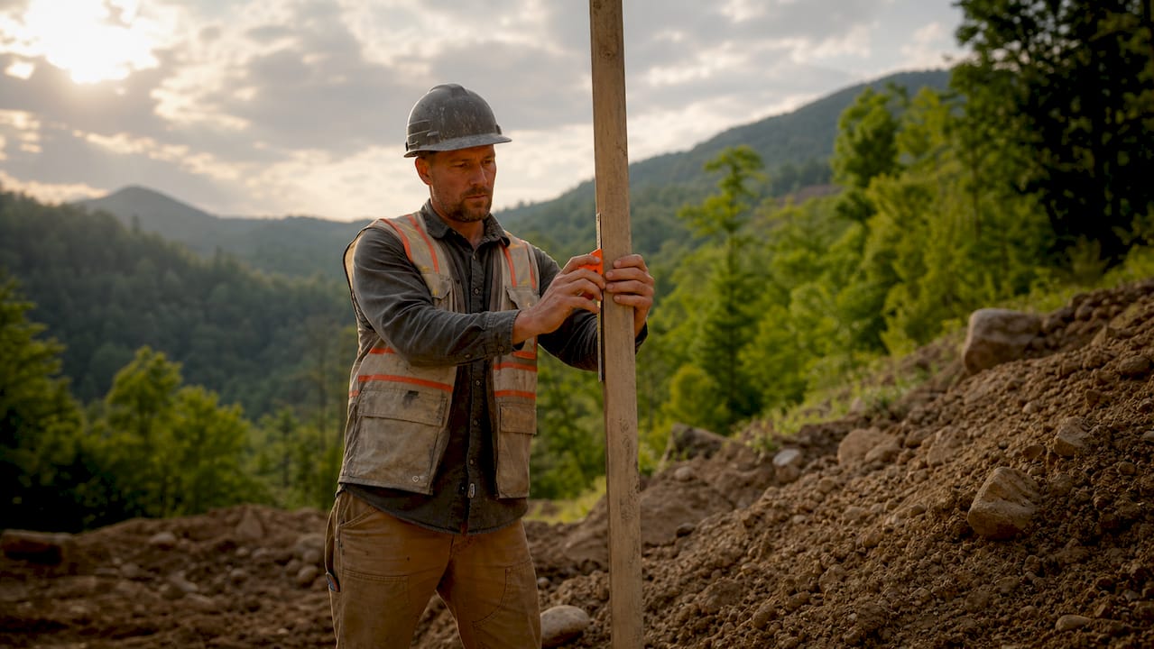 Foreman measuring retaining wall height outdoors