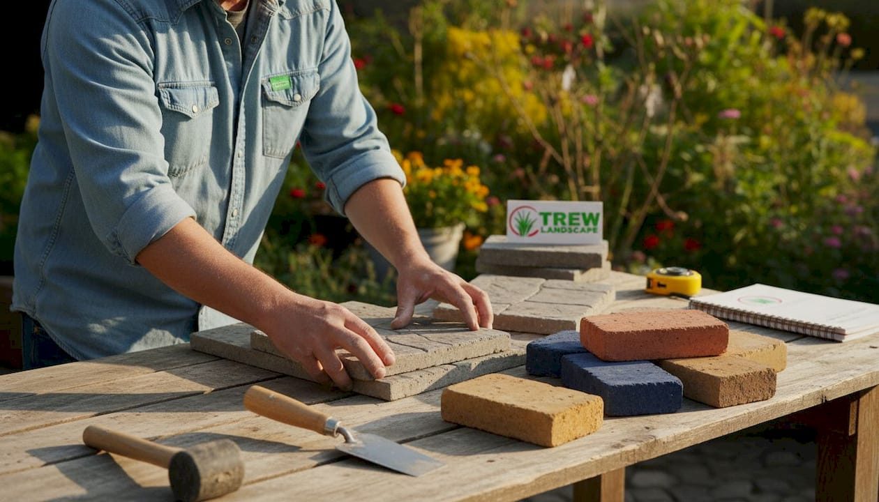 Craftsman arranging stamped concrete and pavers
