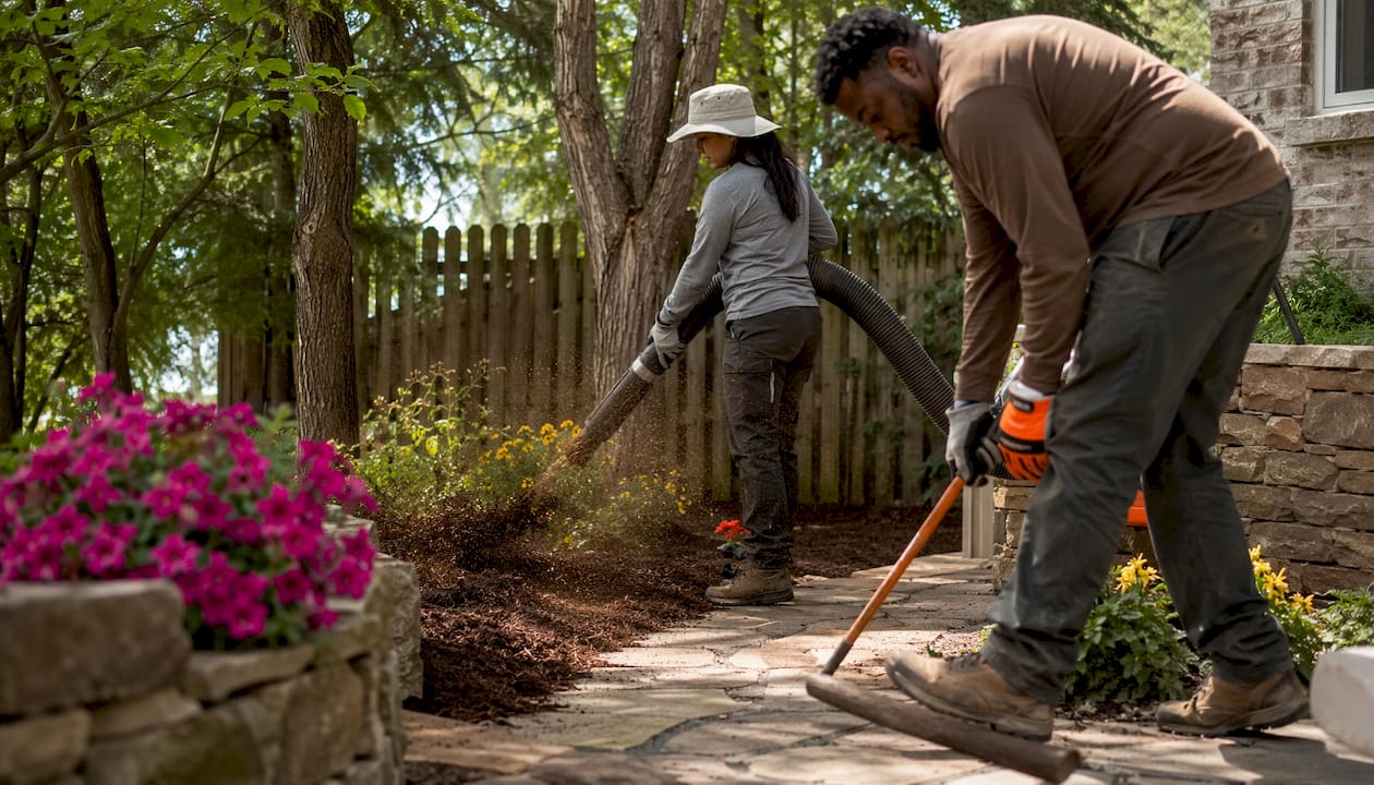 Two landscapers installing mulch outdoors